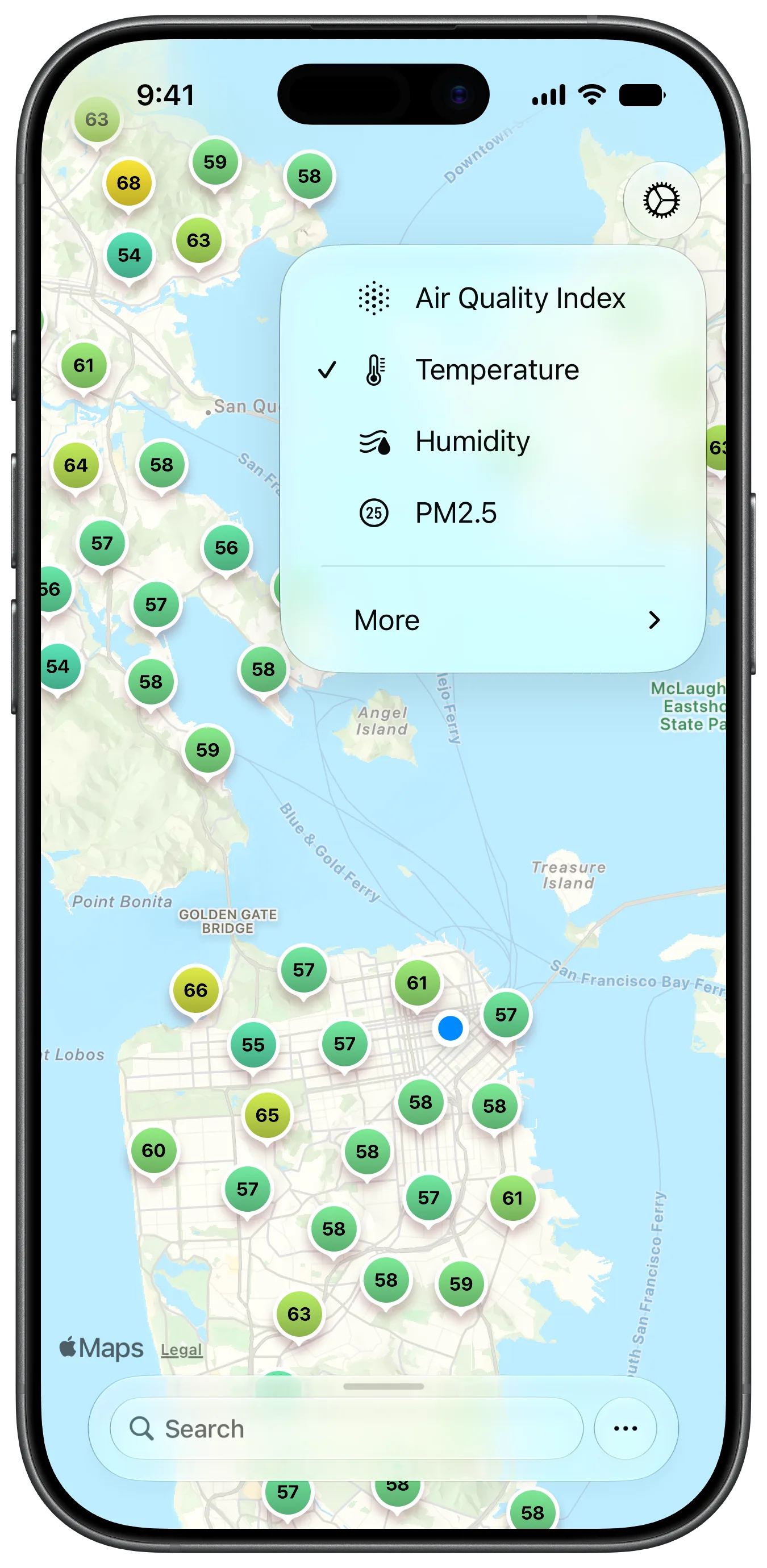 Screenshot of a map of the San Francisco Bay Area showing temperature readings, with a menu for switching between air quality, temperature, humidity, and PM2.5.