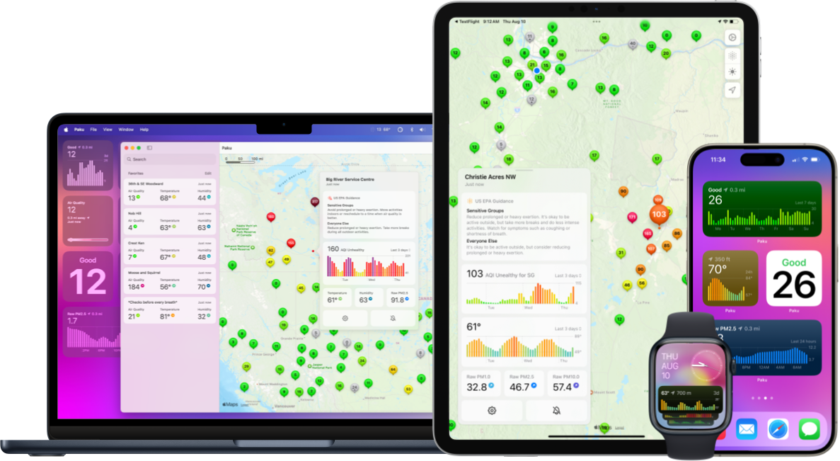 A MacBook, iPad, iPhone and Apple Watch all running Paku, an air quality app.