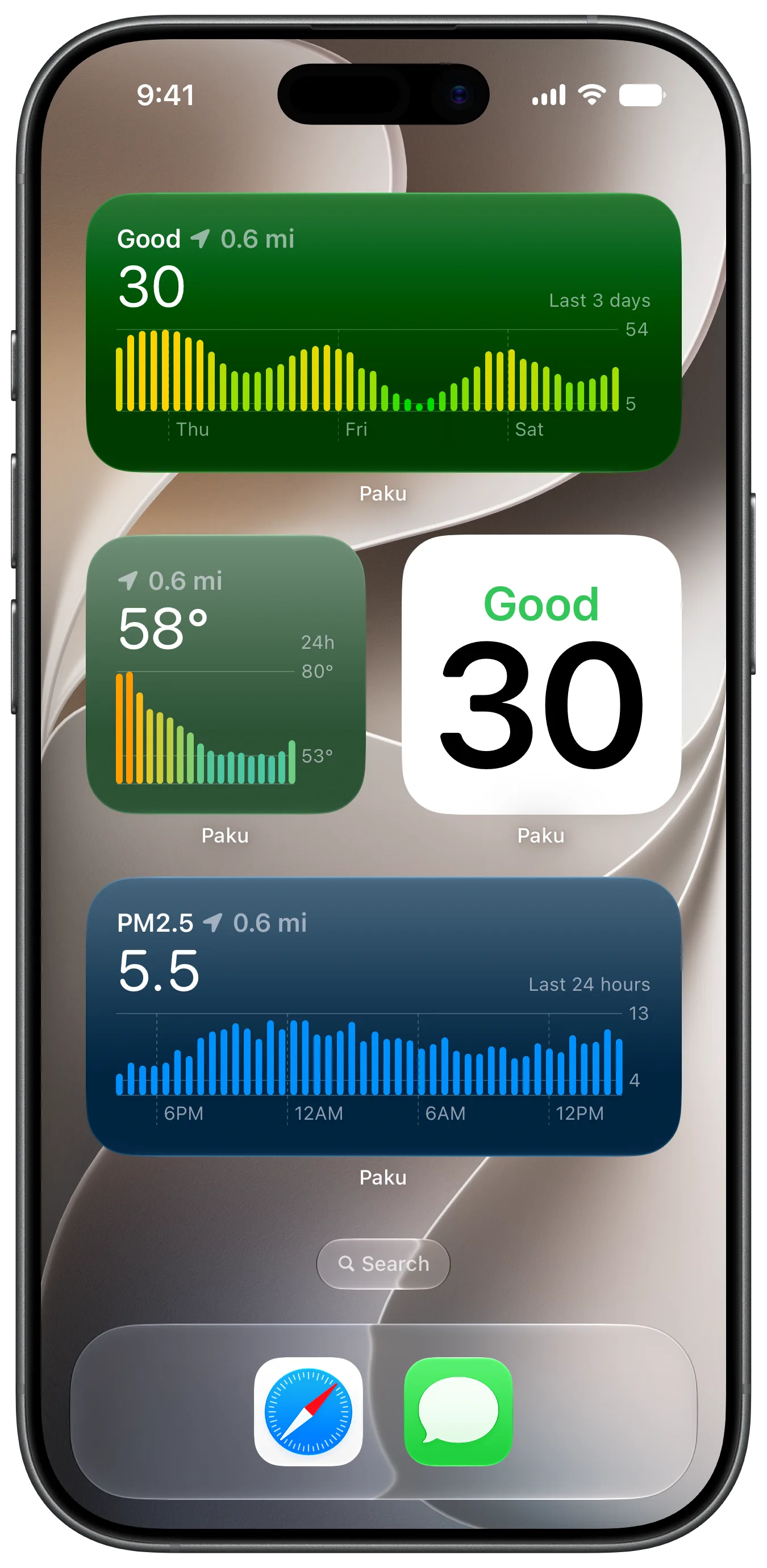 Screenshot of chart widgets on the iOS home screen for AQI, temperature, and raw PM10.0.