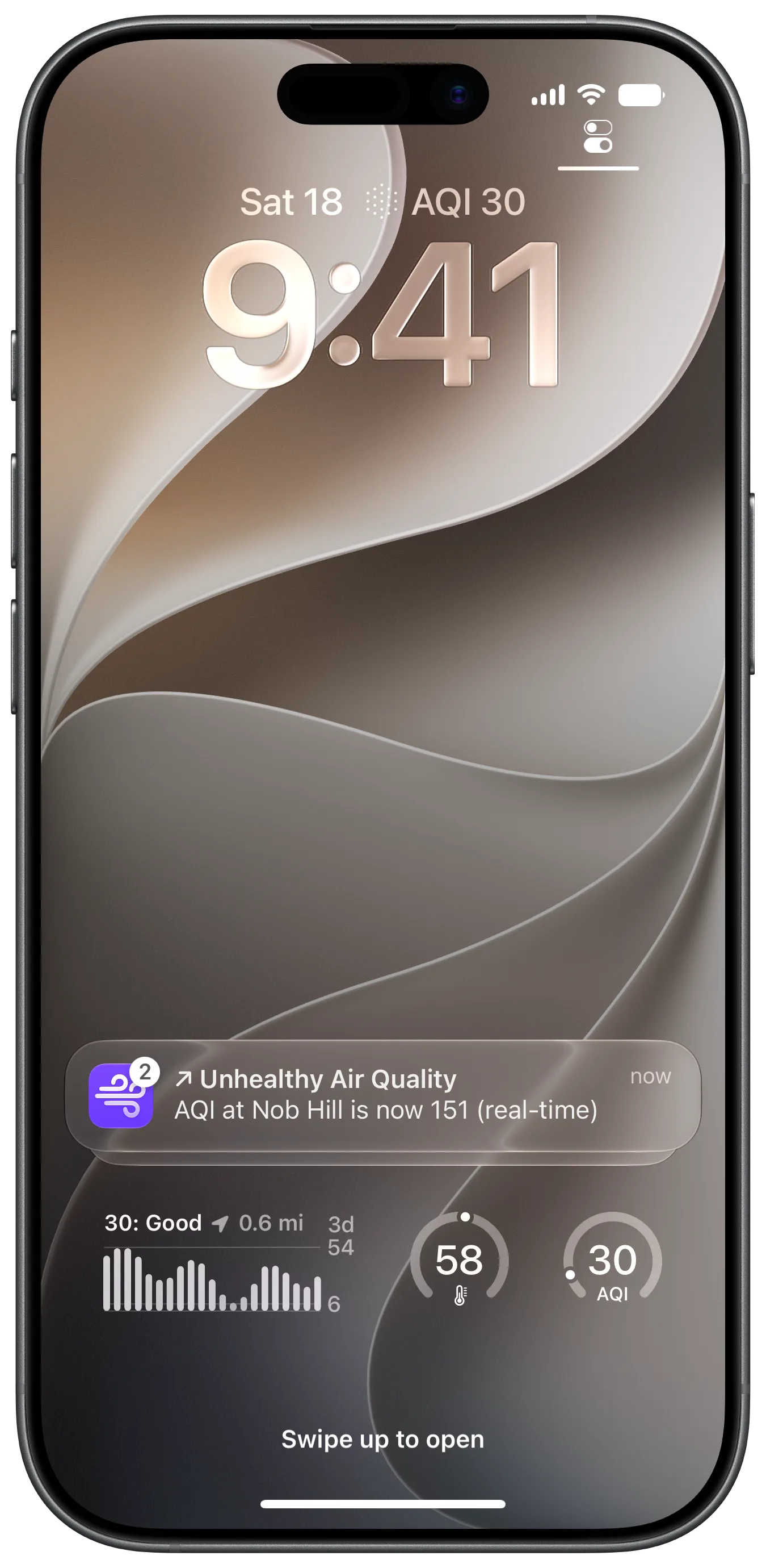 Screenshot of an iPhone lock screen with a notification regarding bad air quality from Paku.