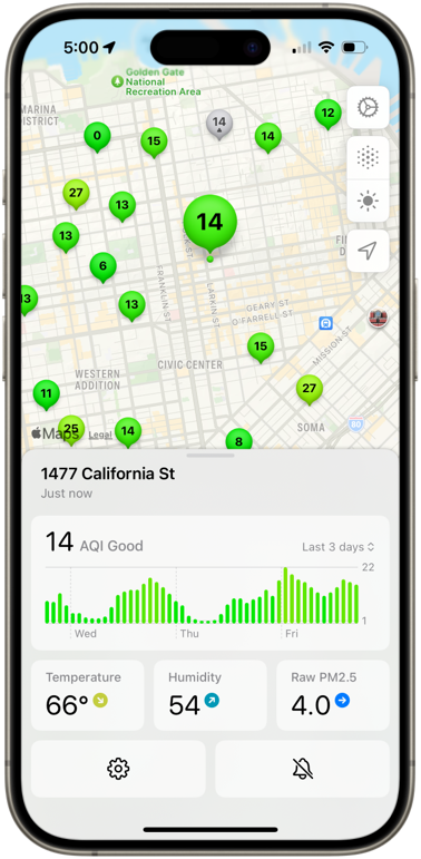 Screenshot showing a map of San Francisco with PurpleAir sensors showing air quality on the map.