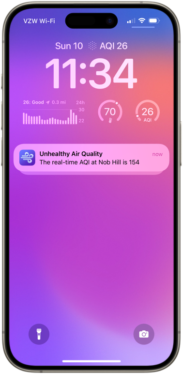 Screenshot of an iPhone lock screen with a notification regarding bad air quality from Paku.