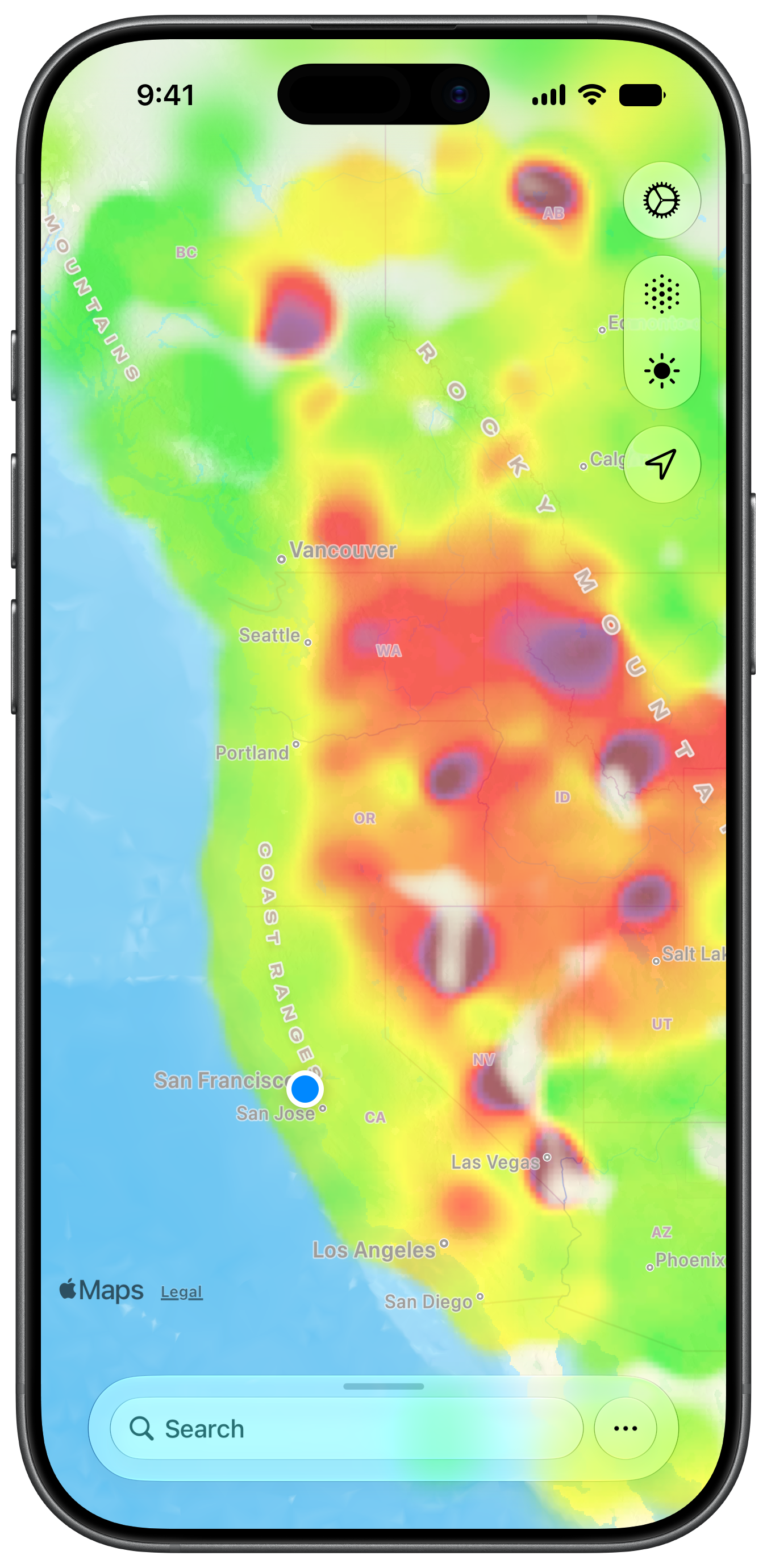 An iPhone showing Paku’s heatmap of the western United States, with air quality rendered as a smooth color gradient from green to red and purple.