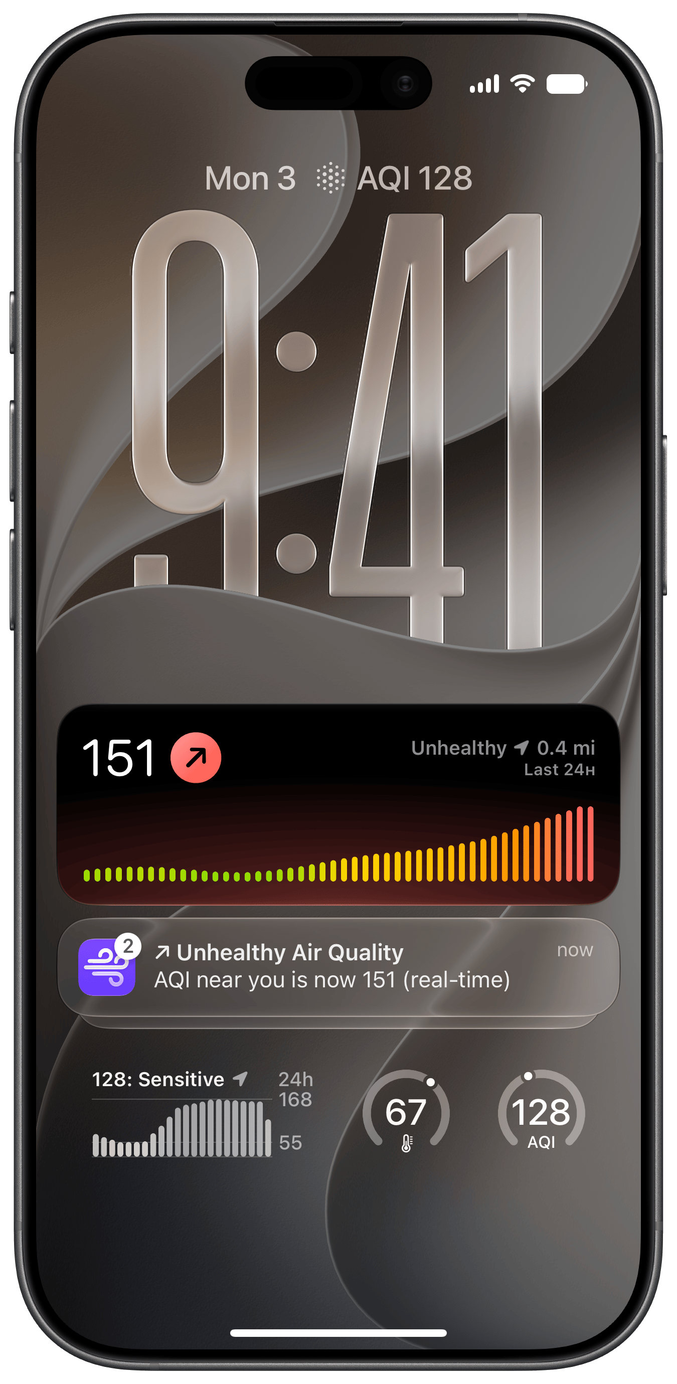 An iPhone Lock Screen with Paku widgets and a Live Activity showing an AQI of 151 with a 24-hour history chart, plus an Unhealthy Air Quality notification.