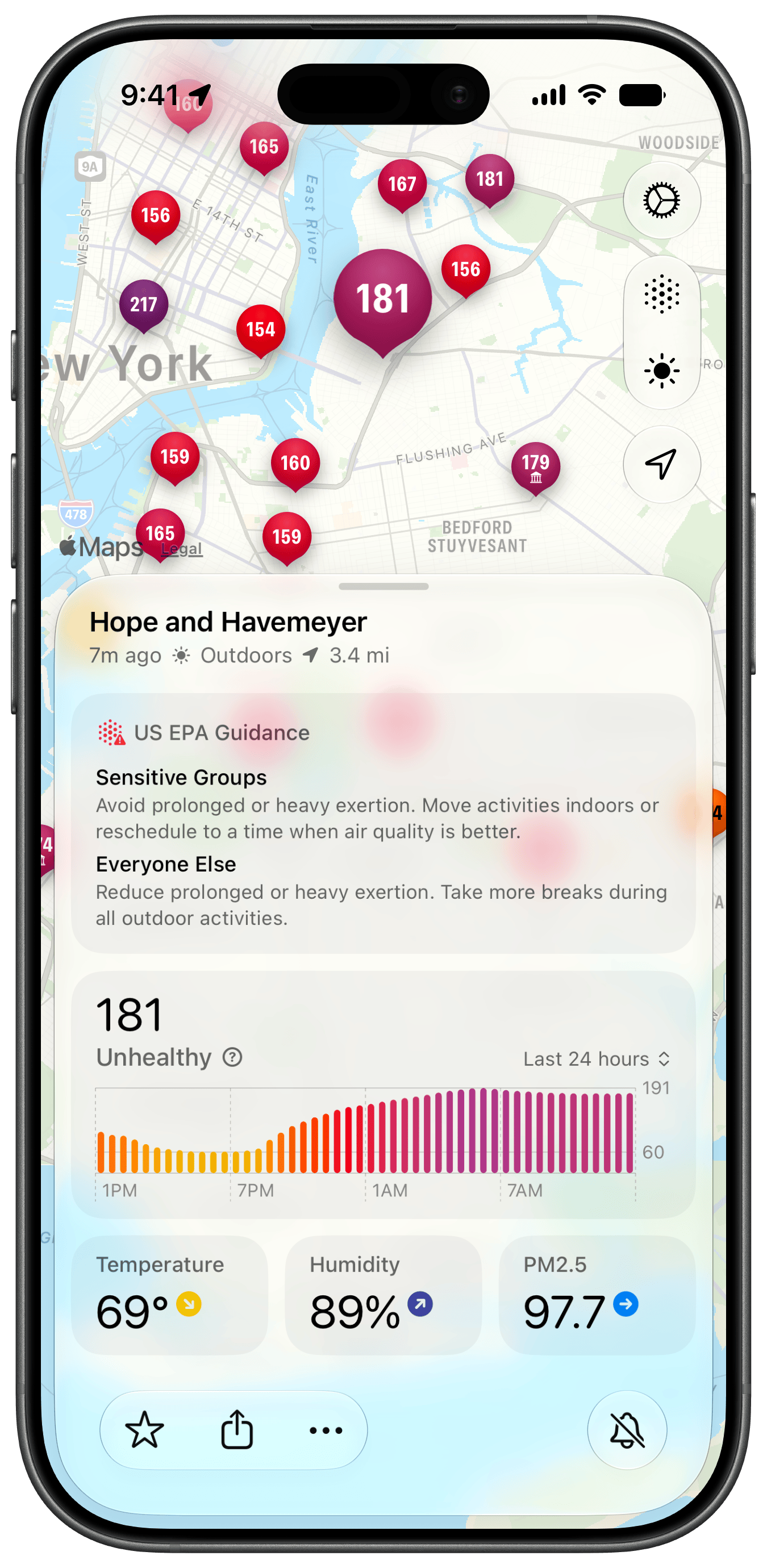 An iPhone showing Paku’s redesigned sensor details over a map of New York City, with EPA guidance, a 24-hour chart, and temperature, humidity, and PM2.5 readings.