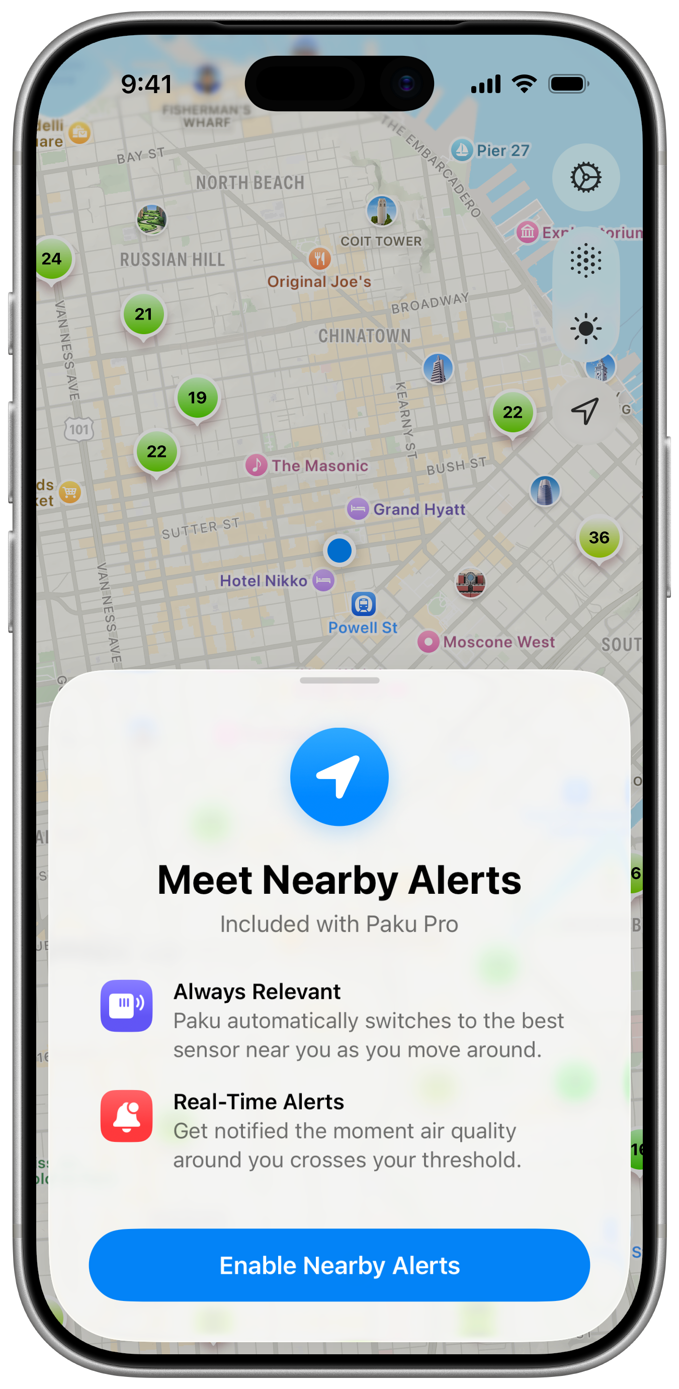 An iPhone showing the Nearby Alerts welcome screen in Paku, explaining that Paku switches to the best sensor near you and sends real-time alerts.