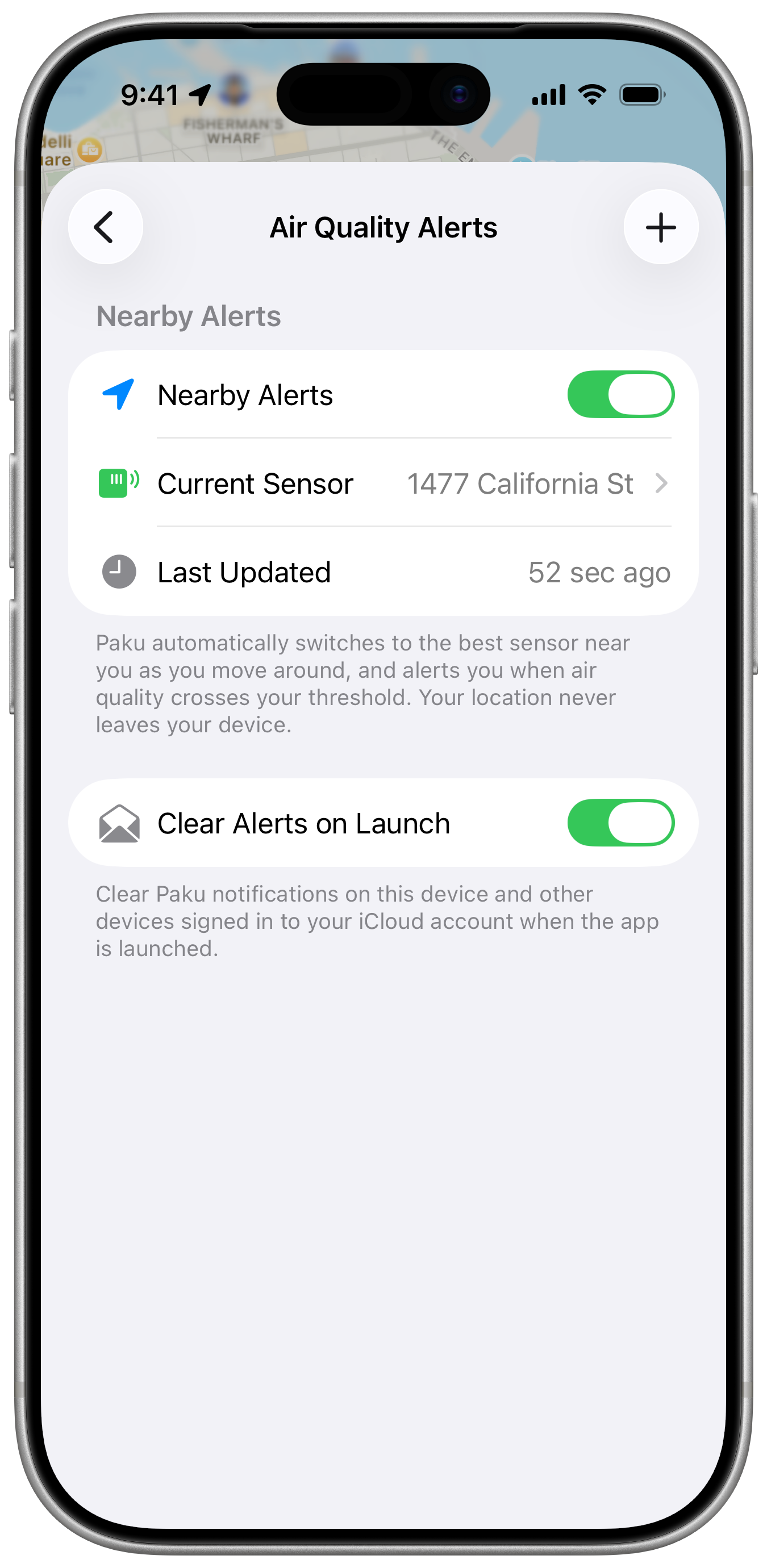 An iPhone showing Paku’s Air Quality Alerts settings, with Nearby Alerts enabled and the current sensor displayed.