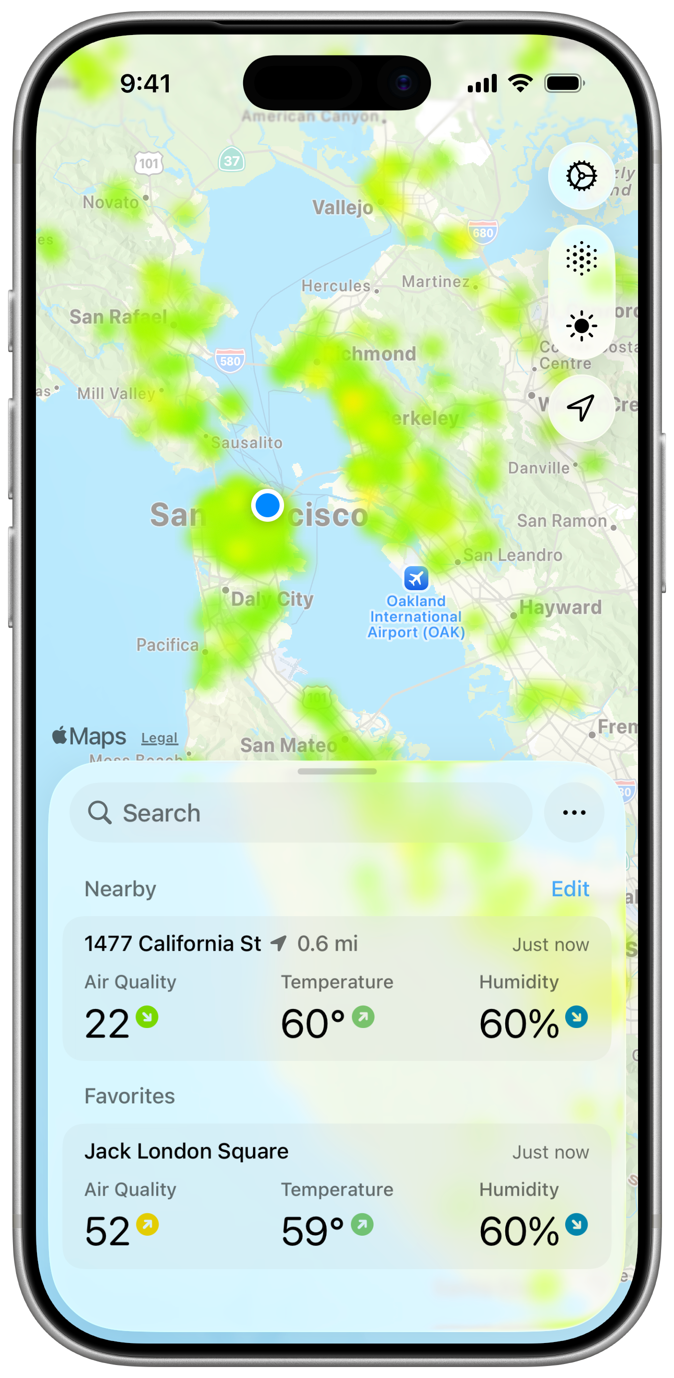 An iPhone showing Paku’s map of the San Francisco Bay Area with an air quality heatmap and nearby sensor readings.