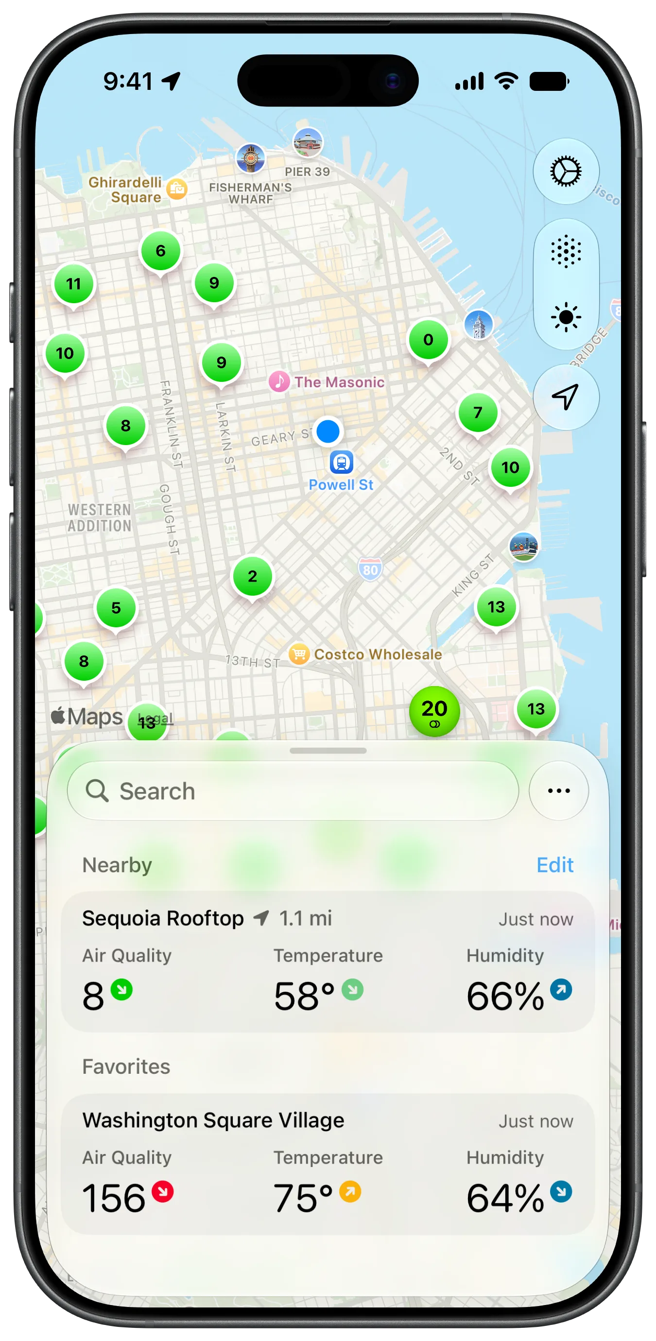 Screenshot showing a map of San Francisco with PurpleAir sensors showing air quality on the map.